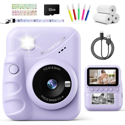 TIATUA Appareil Photo Instantané Enfant, 3.0" Grand Écran 48MP 1080P HD Appareil Photo Numérique Enfant avec Carte 32GB et Papier Photo Imprimé,Cadeau pour Filles Garçons 3-12 Ans