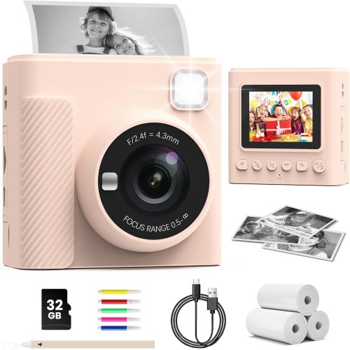 TIATUA Appareil Photo Instantané Enfants, 1080P Appareil Photo Numérique Enfant & Caméra Vidéo avec Carte de 32GB & Rouleaux de Papier d'impression, Cadeaux pour Garçons & Filles de 3 à 12 Ans