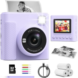 TIATUA Appareil Photo Instantané Enfants, 1080P Appareil Photo Numérique Enfant & Caméra Vidéo avec Carte de 32GB & Rouleaux de Papier d'impression, Cadeaux pour Garçons & Filles de 3 à 12 Ans