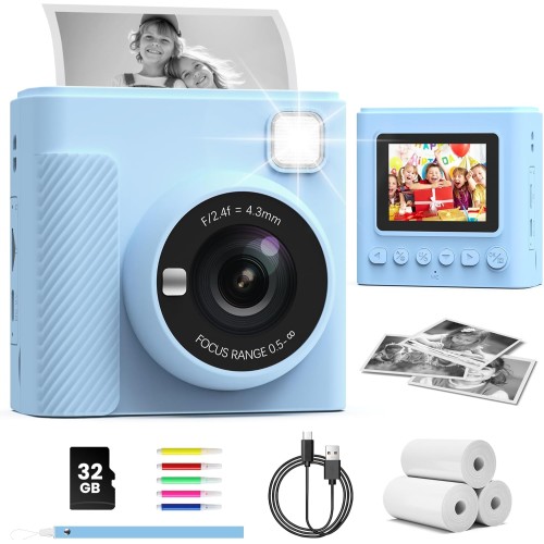 TIATUA Appareil Photo Instantané Enfants, 1080P Appareil Photo Numérique Enfant & Caméra Vidéo avec Carte de 32GB & Rouleaux de Papier d'impression, Cadeaux pour Garçons & Filles de 3 à 12 Ans