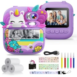 Appareil Photo Instantané Enfant, TIATUA 2,4" Écran 1080P HD Appareil Photo Numérique Enfant avec Carte 32GB et Papier Photo Imprimé, Stylos Colorés, Cadeau pour Filles Garçons 3-12 Ans