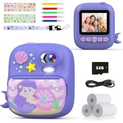 TIATUA Appareil Photo Instantané Enfant, 2,4" Écran 1080P HD Appareil Photo Numérique Enfant avec Carte 32GB et Papier Photo Imprimé,Cadeau pour Filles Garçons 3-12 Ans