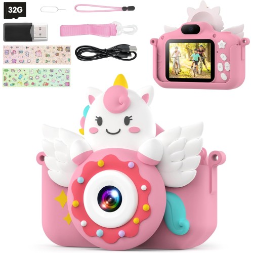 TIATUA Appareil Photo Enfant,2.0 Pouces Appareil Photo Numérique, 20MP/1080P Caméra Vidéo Selfie,32G Carte, Lecteur de Cartes, Cadeaux pour Enfants de 3 à 12 Ans (Rose)